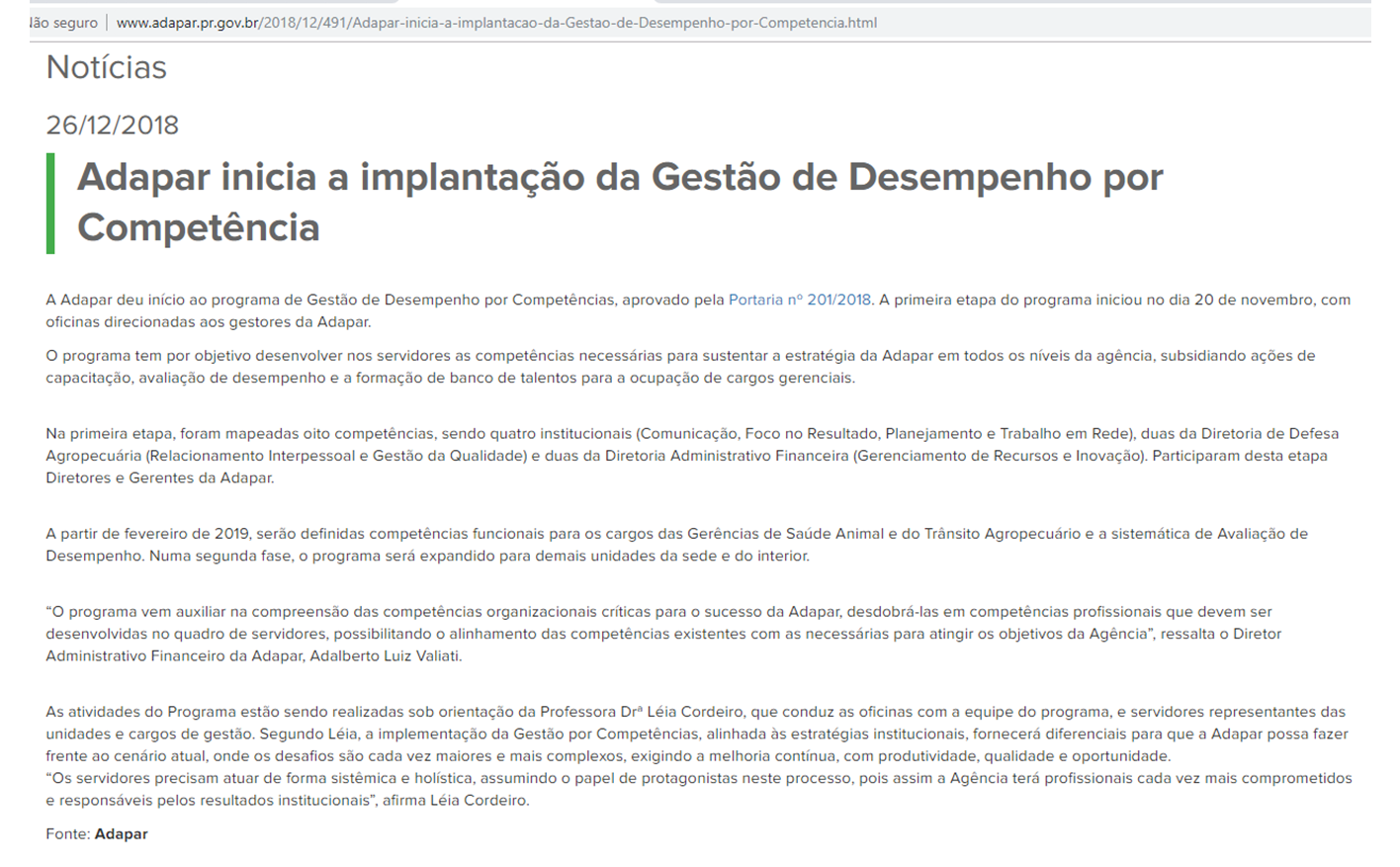 Mensagem divulgando o Boletim Interno Adapar