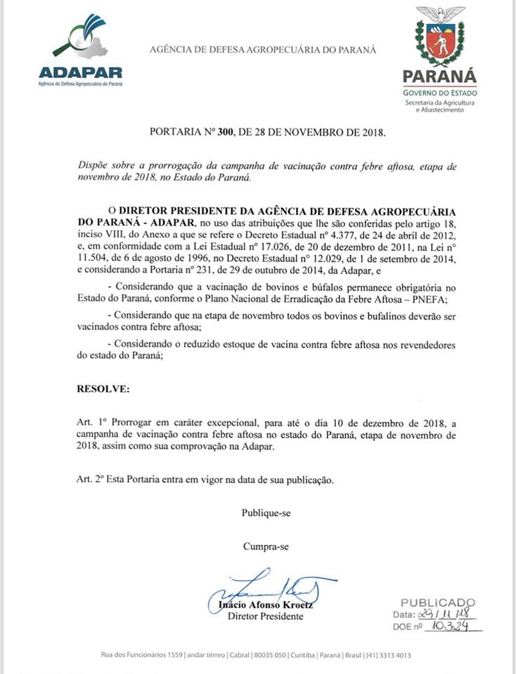 Adapar Prorroga a Campanha de Vacinação Contra Aftosa da Etapa de Novembro