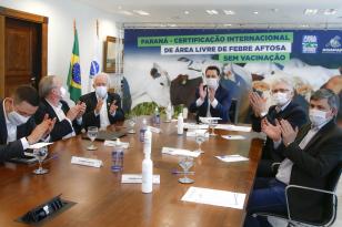 O Paraná conquistou na manhã desta quinta-feira (27) a certificação de área livre de febre aftosa sem vacinação, resultado de uma luta de mais de 50 anos do Governo do Estado e do setor produtivo. O novo status sanitário foi confirmado pela Organização Mundial de Saúde Animal (OIE), em cerimônia virtual da 88ª Sessão Geral da Assembleia Mundial dos Delegados da OIE, em Paris, na França.